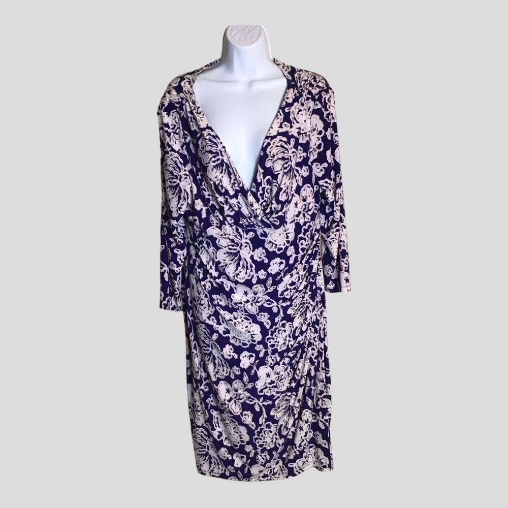 Ralph Lauren Women’s Floral Faux Wrap Dress Ruching & Surplice Neckline Sz 18